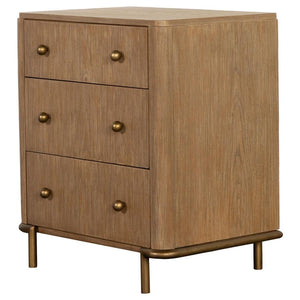  sand wash finish and adorned with aged brass round knobs and slender metal tube legs. Extra thoughtful details such as a built-in dual