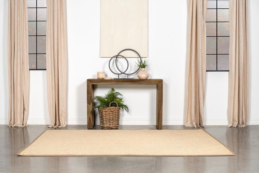 This rectangular console table features a modern U-shaped design with clean lines, combining simplicity with rustic charm. Made from sustainable solid sheesham wood, its auburn finish brings out the natural beauty of the wood grain. The mitered corners en