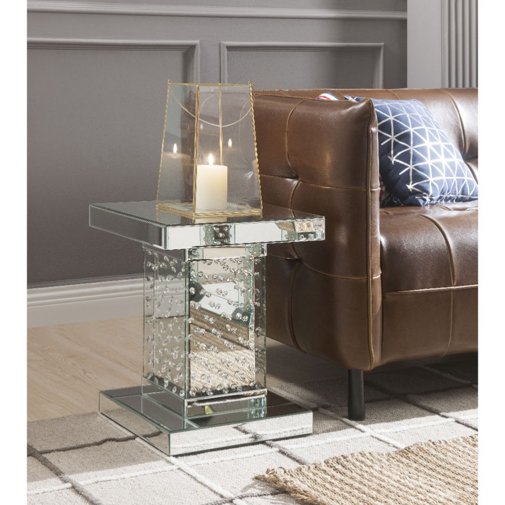 Square End Table â€¢ Glam Style (NO Storage) â€¢ Beveled Mirrored Top & Shelf â€¢ Column Base: Beveled Mirrored Finish with Clear Glass and Faux Crystal Inlay<br/><br/><b>Product Features</b><ul><li>Occasional Table</li><li>Mirrored Top & Apron</li><li>Mi