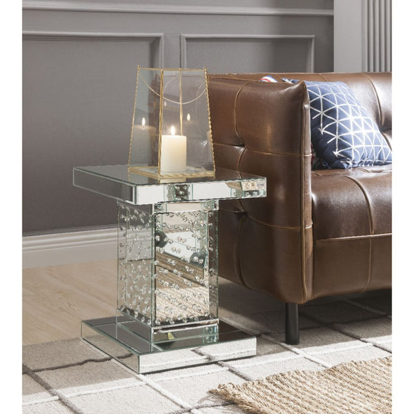 Square End Table â€¢ Glam Style (NO Storage) â€¢ Beveled Mirrored Top & Shelf â€¢ Column Base: Beveled Mirrored Finish with Clear Glass and Faux Crystal Inlay<br/><br/><b>Product Features</b><ul><li>Occasional Table</li><li>Mirrored Top & Apron</li><li>Mi