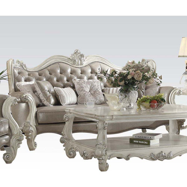 Assembled, w/7 Pillows Tight Back & Loose Seat Cushion 2 Seat Cushion Reversible?? w/Welted Edge Button Tufted/Curved Back Rolled/Flared Armrest Curved/Scrolled Trim: Full Back/Crown/ Legs: Poly Resin Ornamental Details in Front Arms & Base w/Nailhead Tri