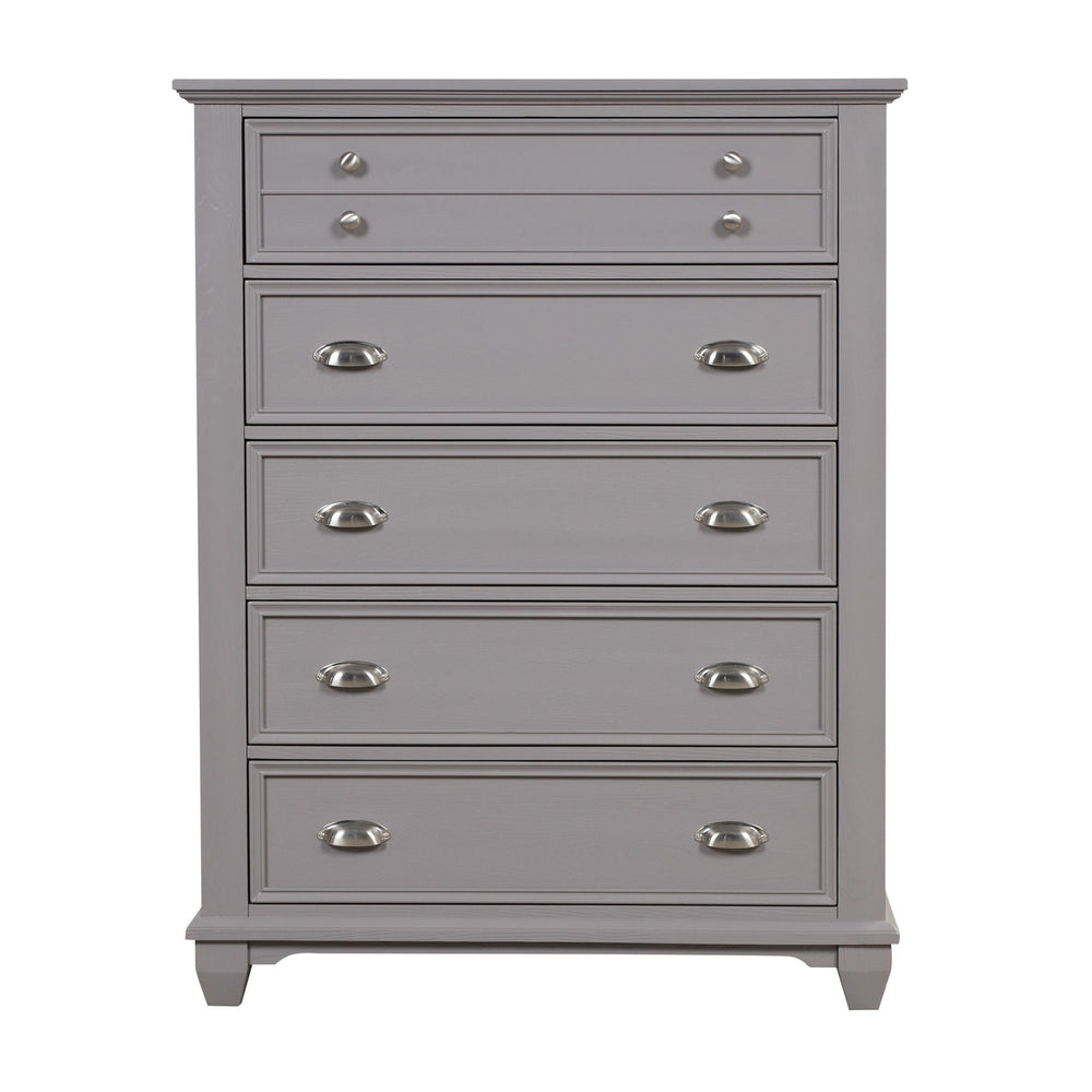 The Jamestown 5-Drawer Chest in Gray is a masterful blend of style, durability, and practicality, making it an essential addition to any bedroom. Expertly crafted from solid Acacia, premium manufactured woods, and authentic Oak veneers, this chest is buil