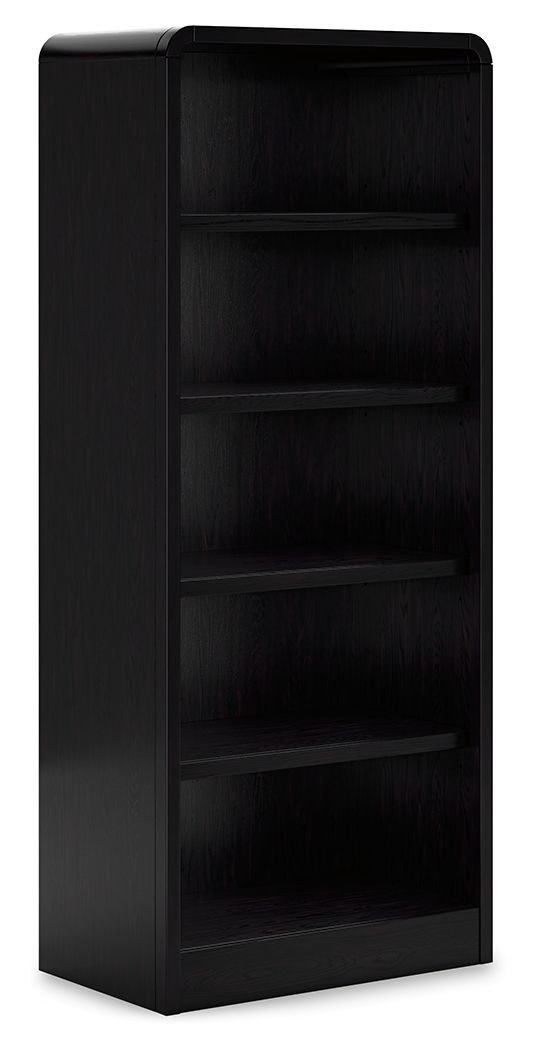 Inspired by art deco design, this softly shaped bookcase makes a lasting impression in a simply stunning way. Its magnificent curved silhouette is enhanced by a rich layered black finish on the textured wood grain surface. Complete with shelves to display