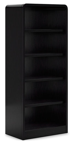 Inspired by art deco design, this softly shaped bookcase makes a lasting impression in a simply stunning way. Its magnificent curved silhouette is enhanced by a rich layered black finish on the textured wood grain surface. Complete with shelves to display