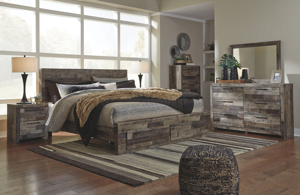  this king bed with storage is for you. Rustic butcher block finish is tastefully roughhewn