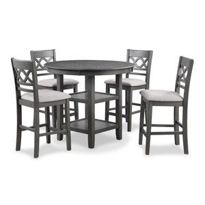The graceful Cori 5 Piece Counter Dining Table and Chair Set is built with durability and comfort in mind. This dining set provides spacious seating for four and two handy storage shelves located under the table top to store dinnerware or decor. The dinin