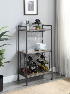 KD Metal Frame & Wooden Shelf<br/><br/><b>Product Features</b><ul><li>3 Tier Shelf</li><li>18 Bottles Capacity</li><li>Cup Holder Included</li><li>Water Pipe Style</li><li>Case: 1Pc/1Ctn</li><li>Finish: Antique Oak & Sandy Gray Finish</li><li>Style: Indus
