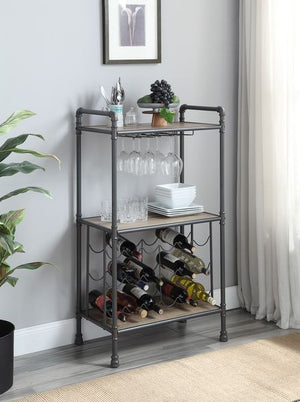 KD Metal Frame & Wooden Shelf<br/><br/><b>Product Features</b><ul><li>3 Tier Shelf</li><li>18 Bottles Capacity</li><li>Cup Holder Included</li><li>Water Pipe Style</li><li>Case: 1Pc/1Ctn</li><li>Finish: Antique Oak & Sandy Gray Finish</li><li>Style: Indus