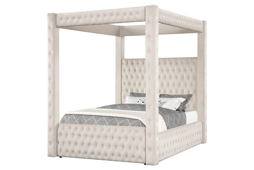 This majestic four-poster bed is a statement piece that exudes luxury and grandeur, perfect for creating a dramatic bedroom setting. It boasts a creamy ivory finish that encapsulates modern opulence, while its sumptuous, tufted headboard and footboard are