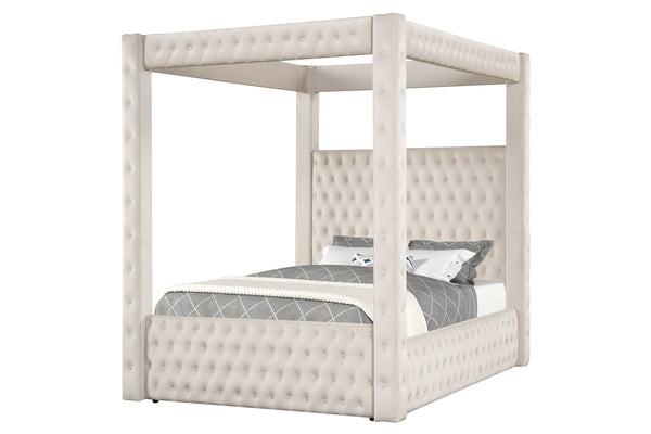 This majestic four-poster bed is a statement piece that exudes luxury and grandeur, perfect for creating a dramatic bedroom setting. It boasts a creamy ivory finish that encapsulates modern opulence, while its sumptuous, tufted headboard and footboard are