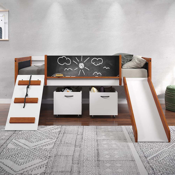 Let your little one-'s imagination run wild with the Aurea loft bed. Finished in a gender-neutral color palette of walnut and white. The bed features a creative way to climb in and out of bed with the built-in slide. Say goodbye to scribbled walls, the be