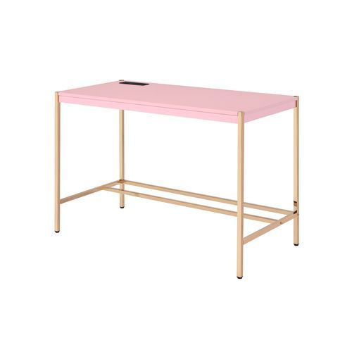 Rectangular Writing Desk No Storage Wooden Top: Pink Finish Metal Base: Gold Finish (Open Base)<br/><br/><b>Product Features</b><ul><li>Rectangular Writing Desk</li><li>No Storage</li><li>Wooden Top: Pink Finish</li><li>Metal Base: Gold Finish (Open Base)