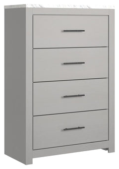 Cool, clean and casually modern. This chestâ€™s wispy dove gray finish and faux Calcutta marble top set the tone for your calming sanctuary. Large linear pulls add dimension and authenticity. Four smooth-gliding drawers neatly accommodate your wardrobe ne