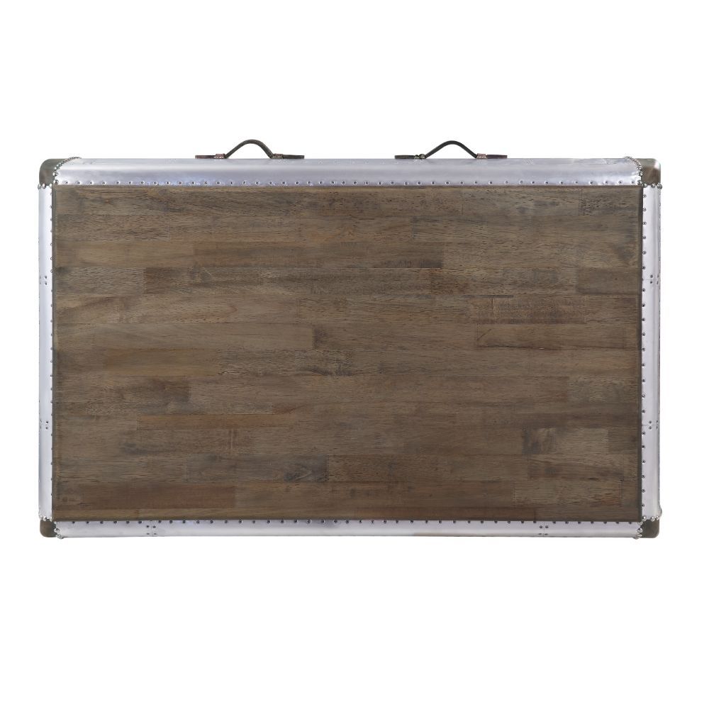 Combining antique oak with sleek aluminum metal, the Brancaster rectangular coffee table will increase the industrial appeal of your living space. The base features tapered legs and nail-head trim, while the deep drawer gives you plenty of storage space f