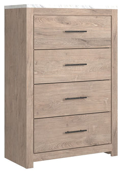 Cool, clean and casually modern. This chestâ€™s light natural finish and faux Calcutta marble top set the tone for your calming sanctuary. Large linear pulls add dimension and authenticity. Four smooth-gliding drawers neatly accommodate your wardrobe need