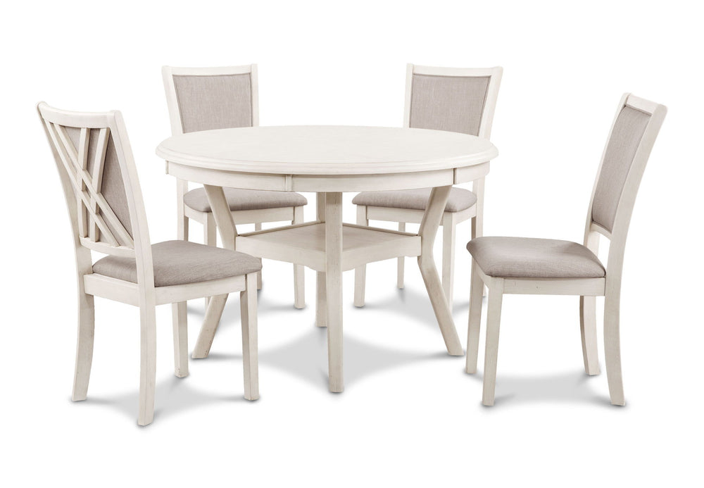 The meticulously crafted Amy 5-Piece Wood Round Dining Set includes a spacious 47" round dining table and four chairs, designed for both durability and beauty. The solid Rubberwood and Mindi veneer construction ensures lasting quality, while the cozy farm
