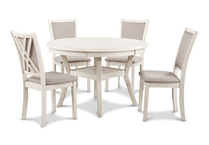 The meticulously crafted Amy 5-Piece Wood Round Dining Set includes a spacious 47" round dining table and four chairs, designed for both durability and beauty. The solid Rubberwood and Mindi veneer construction ensures lasting quality, while the cozy farm