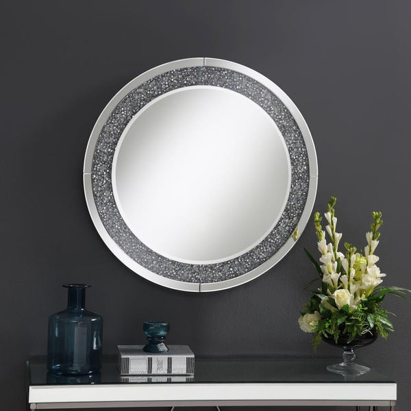  lively decorative wall mirror. The MDF and mirror construction brightens up a front hallway or walk-in closet. The silver hardware finish is highlighted by brilliant crystal accents that deliver glitz and glam. There-'
