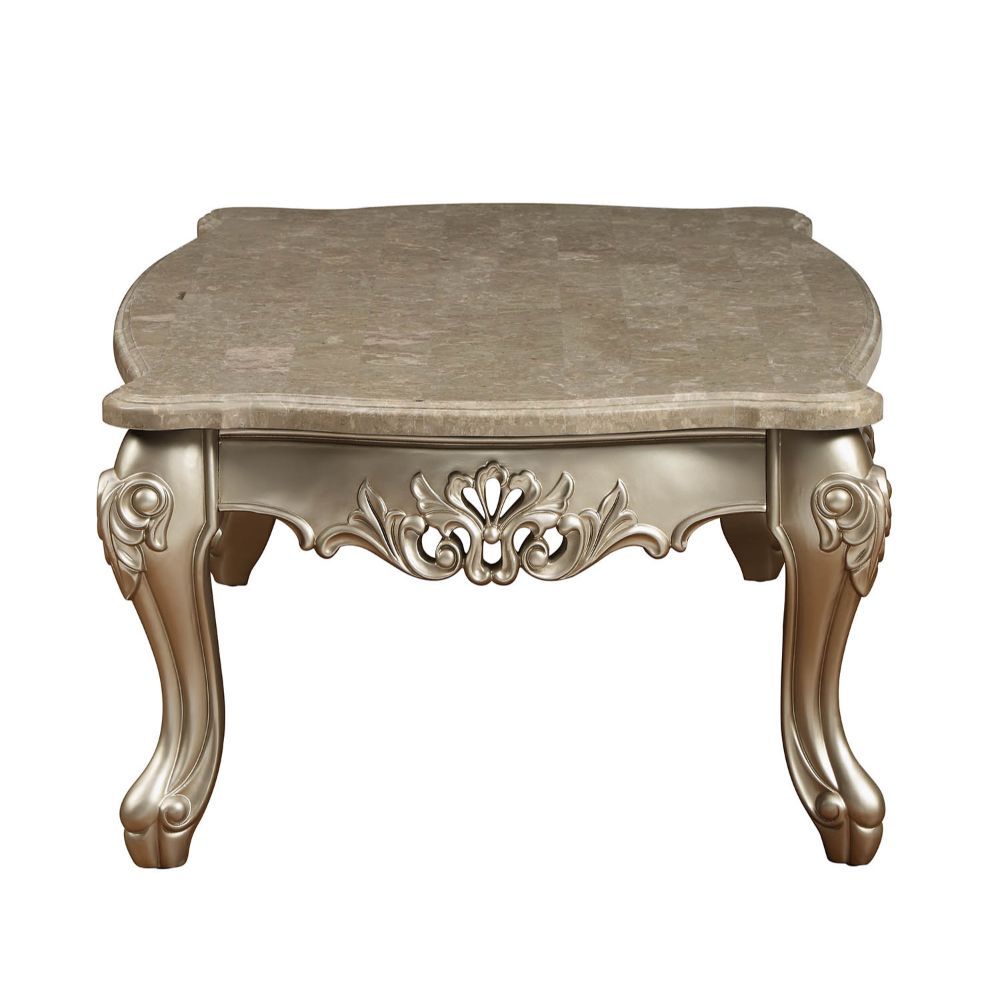 KD, Rectangular Leg Coffee Table â€¢ No Storage (Open Base) â€¢ Scalloped Marble Top: Spain Import Marble with MDF â€¢ Wooden Scalloped Apron with Carved Floral Motifs: Champagne Finish, Poplar Wood â€¢ Wooden Queen Anne Legs: Champagne Finish, Poplar Woo