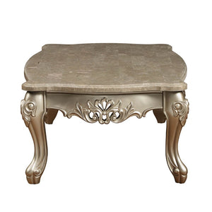  Rectangular Leg Coffee Table â€¢ No Storage (Open Base) â€¢ Scalloped Marble Top: Spain Import Marble with MDF â€¢ Wooden Scalloped Apron with Carved Floral Motifs: Champagne Finish