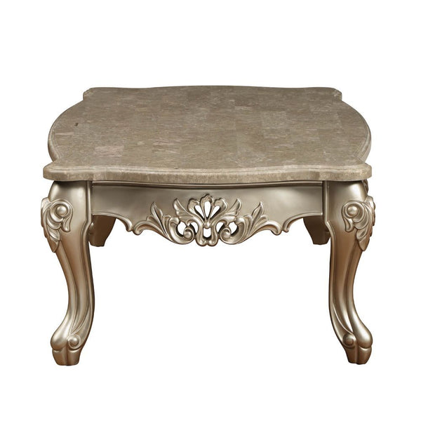  Rectangular Leg Coffee Table â€¢ No Storage (Open Base) â€¢ Scalloped Marble Top: Spain Import Marble with MDF â€¢ Wooden Scalloped Apron with Carved Floral Motifs: Champagne Finish