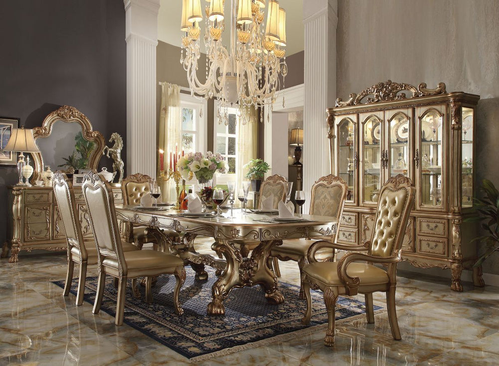 The Dresden traditional collection reflects highly decorative details, pedestal table, oversized claw feet, shaped top and decorative carving inlay veneers on apron. The dining chairs reflect carefully selected wood carving and upholstery in a symphony of