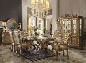 The Dresden traditional collection reflects highly decorative details, pedestal table, oversized claw feet, shaped top and decorative carving inlay veneers on apron. The dining chairs reflect carefully selected wood carving and upholstery in a symphony of