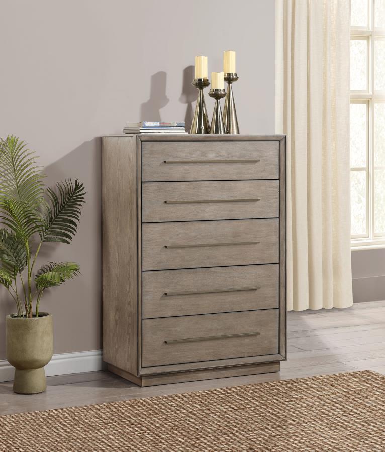 Add easy storage and understated style with a transitional five-drawer chest. Wood grain details show through a Taupe oak finish, creating a hint of dimension and organic character. Five spacious drawers provide ample storage for clothing and accessories.
