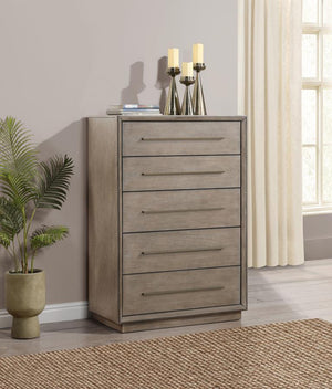  creating a hint of dimension and organic character. Five spacious drawers provide ample storage for clothing and accessories.
