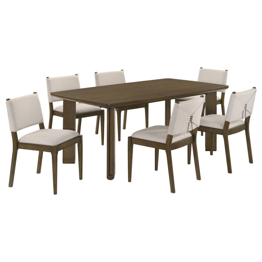 This transitional dining set combines timeless design with elegant details for a versatile and functional dining space. Featuring a round dining table with a rich brown finish, angular legs, and a convenient open shelf, it provides both style and practica