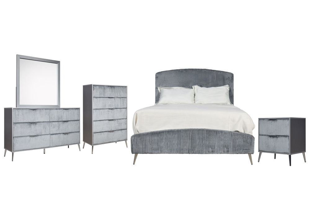 The Kailani 5 Piece Bedroom Set in Gray offers a perfect fusion of modern design, luxurious comfort, and practical functionality, making it an ideal choice for those looking to create a sophisticated and serene bedroom retreat. This comprehensive set incl