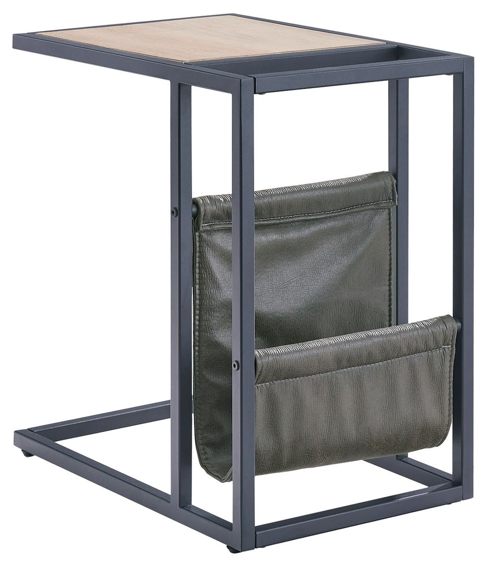 Casual contemporary design with a clean silhouette. That-'s the beauty of this chairside end table. Quality crafted with elm veneer, its tabletop is finished in a light natural wood tone that lends a fresh, organic look. Cool metal C-frame in a matte blac