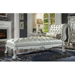Add old world charm in your home with the Desdren chaise lounge. It takes inspiration from a Victorian Era fainting couch with its immaculate features. The bone white finish and PU upholstery compliment the beautiful moldings. The moldings have hand-brush