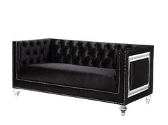 Looking to create a glamorous living room, look no further. The Heibero collection is ideal for that. Featuring timeless button tufting and the more modernized fine details such as the mirrored trim accents. The burgundy velvet upholstery is an eye-catche