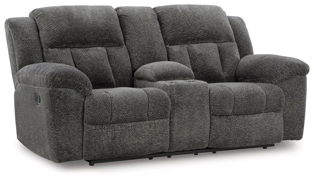 With its large-scale design, this extra-spacious reclining loveseat with console is a masterclass in accessible style. Plush, ultra-soft upholstery keeps everyone cozy as you lounge with family or guests. In a neutral hue, it seamlessly suits different ae