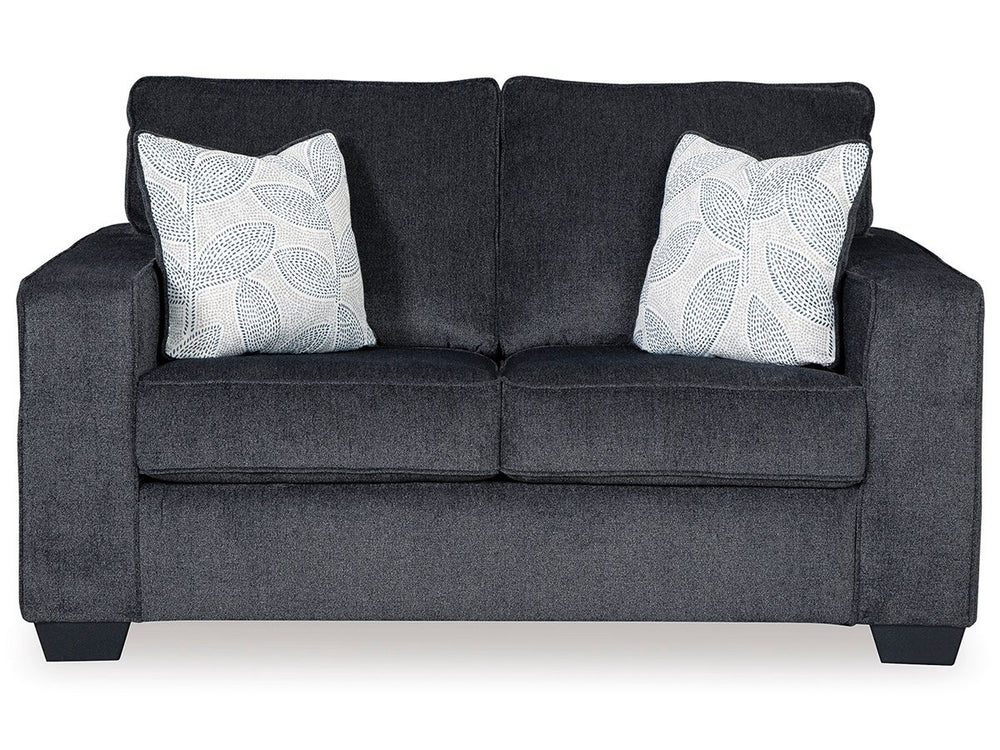 If style is the question, then this loveseat is the answer. Sporting clean lines and sleek track arms, the decidedly contemporary profile is enhanced with plump cushioning and a chenille-feel upholstery that-'s so pleasing to the touch. Sure to play well 