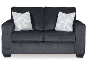 If style is the question, then this loveseat is the answer. Sporting clean lines and sleek track arms, the decidedly contemporary profile is enhanced with plump cushioning and a chenille-feel upholstery that-'s so pleasing to the touch. Sure to play well 