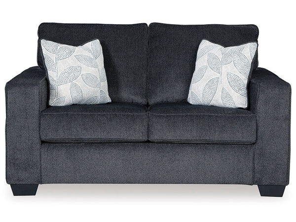 If style is the question, then this loveseat is the answer. Sporting clean lines and sleek track arms, the decidedly contemporary profile is enhanced with plump cushioning and a chenille-feel upholstery that-'s so pleasing to the touch. Sure to play well 