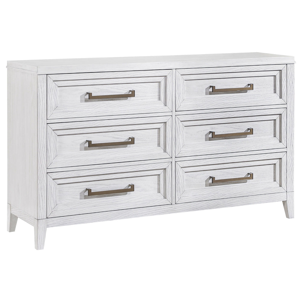 Light distressing offers depth and dimensionality to a modern six-drawer dresser. Perfect for clothing and other accessories, it features a double profile with three drawers on each side. A white finish allows wood grain details to show through, creating 
