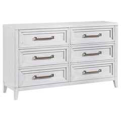Light distressing offers depth and dimensionality to a modern six-drawer dresser. Perfect for clothing and other accessories, it features a double profile with three drawers on each side. A white finish allows wood grain details to show through, creating 