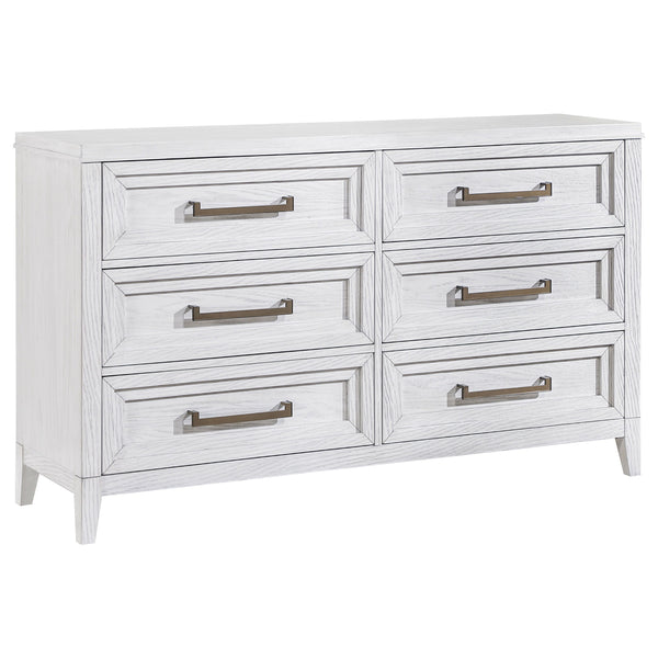 Light distressing offers depth and dimensionality to a modern six-drawer dresser. Perfect for clothing and other accessories, it features a double profile with three drawers on each side. A white finish allows wood grain details to show through, creating 