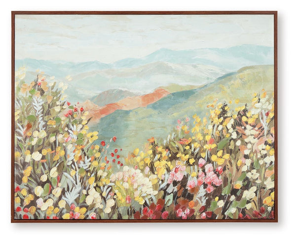 Frolic in a field of florals. This wall art showcases a landscape design bursting with color, bringing a lively feel to your decor. With rolling hills in the distance, it invites you in to explore its effortless beauty.<br/><br/><b>Product Features</b><ul