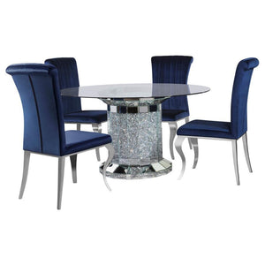 Invite over a few guests to celebrate at this modern glam dining table. A round, clear glass top reveals the scintillating column-inspired pedestal frame beneath, offering an open and airy look. Sparkling faux diamonds are encrusted within the base for a 
