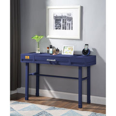 KD, Rectangular Vanity Desk Storage: 1 Drawer Feature: Metal Frame, Recessed Panels (Cargo Container Panels) CONSTRUCTION Metal Top: Iron Plate (40 x 40mm), Drawer w/Wood Metal Straight Legs Drawer: GLIDE Side Metal (Ball Bearing, 3/4 Ext.), DOVETAIL NOT 