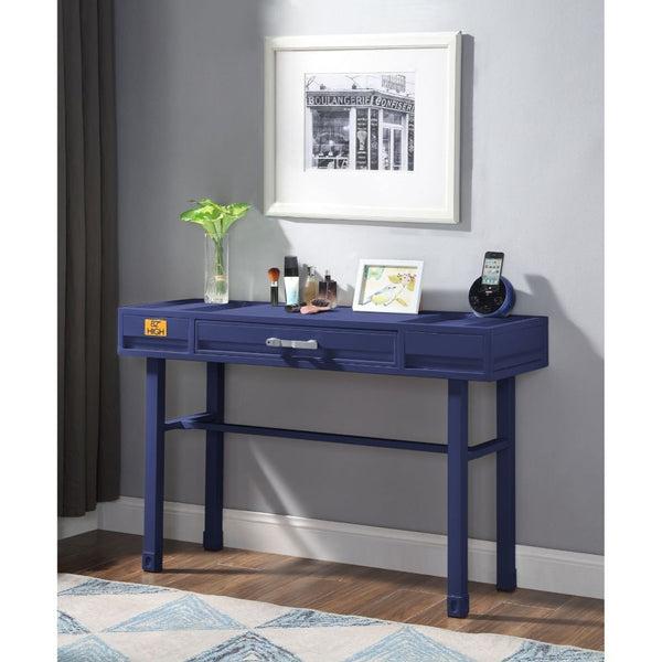 KD, Rectangular Vanity Desk Storage: 1 Drawer Feature: Metal Frame, Recessed Panels (Cargo Container Panels) CONSTRUCTION Metal Top: Iron Plate (40 x 40mm), Drawer w/Wood Metal Straight Legs Drawer: GLIDE Side Metal (Ball Bearing, 3/4 Ext.), DOVETAIL NOT 