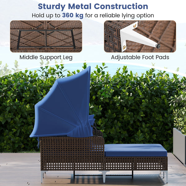 Provide a light  airy look and feel with open-weave PE rattan<br>The premium rattan also ensures fade-resistant and sun-protective durability<br>Open the canopy for shaded comfort with a premium gas strut<br>Close the canopy for sunbathing<br>Canopy secur