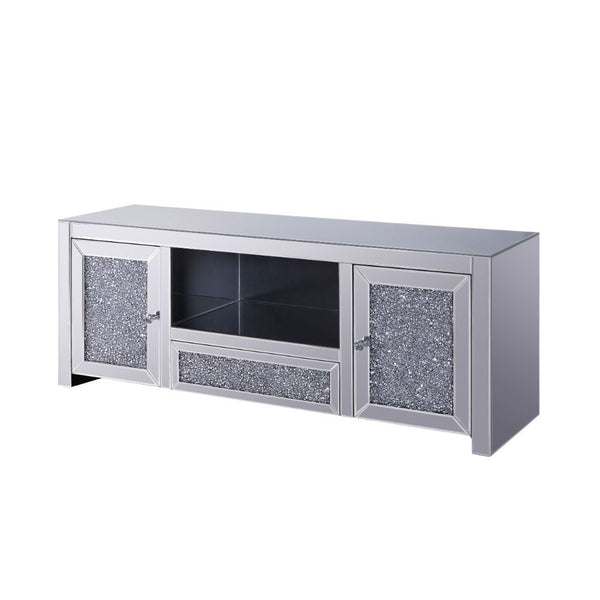 The Noralie TV Stand will add a contemporary touch to any room in your home. With its clean lines, this brilliant rectangular accent piece showcases a distinctive style for an intriguing look. The unique piece has fully mirrored base and top and fronts fi