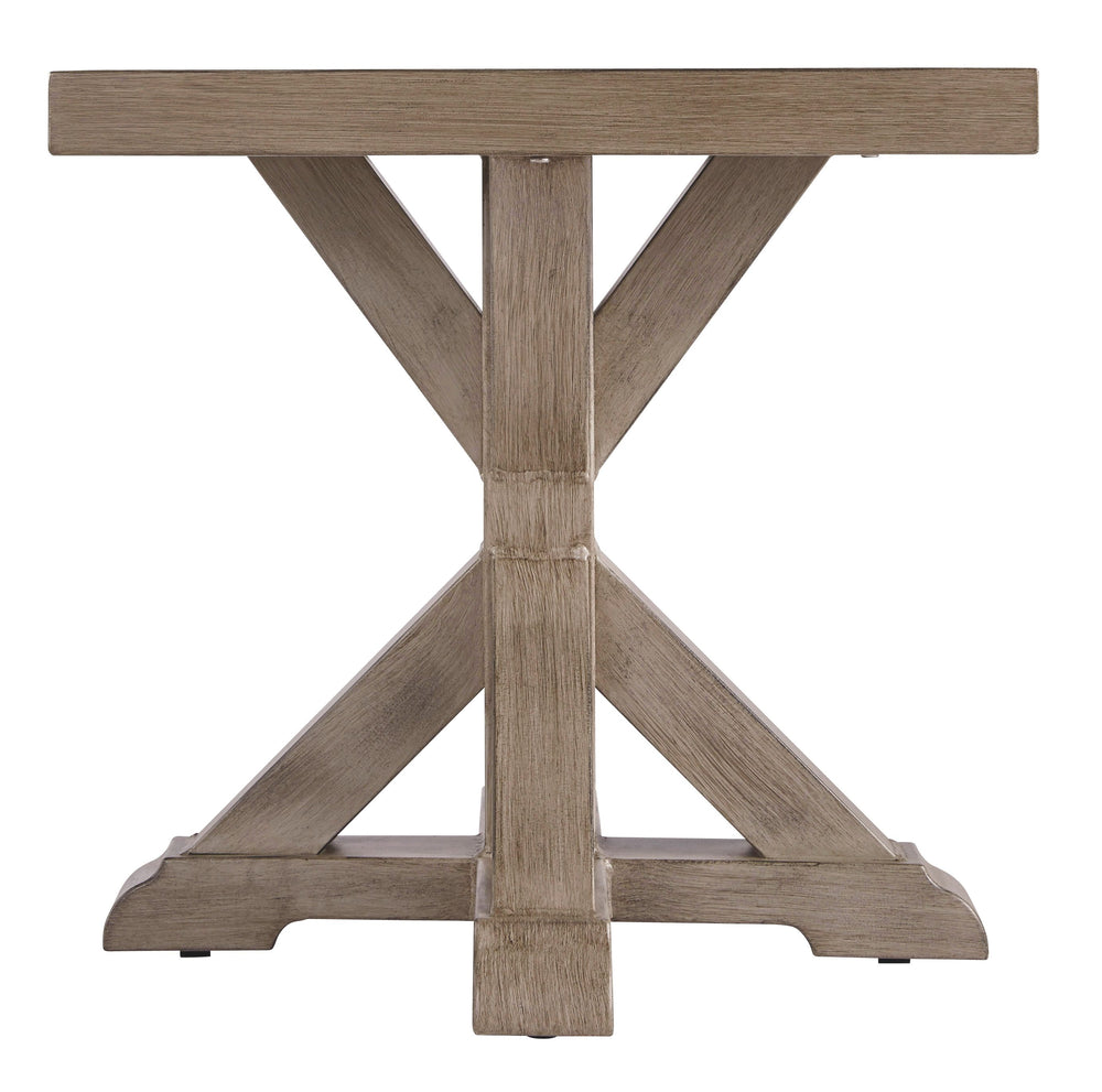 Sporting an easy-on-the-eyes look inspired by driftwood, this end table elevates the art of alfresco living. Beautiful and durable enough for indoor and outdoor use, the high-style/low maintenance table charms with X-leg farmhouse styling, while its thick