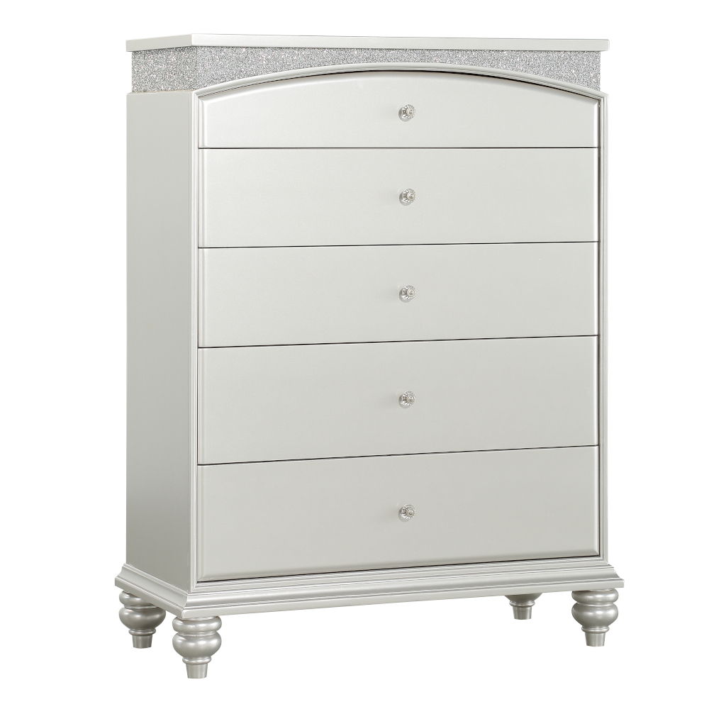 5 Drw Drawer: Arched Top Drawer, GLIDE Side Metal (Undermount, Full Ext. ), DOVETAIL French Front & English Back, FELT-LINED TOP Drawer, Safety Stop, Self-Closing, Hardware: Single Knob (Crystal like) CONSTRUCTION Wooden Case-Leg: Wood (Poplar, MDF), Spar