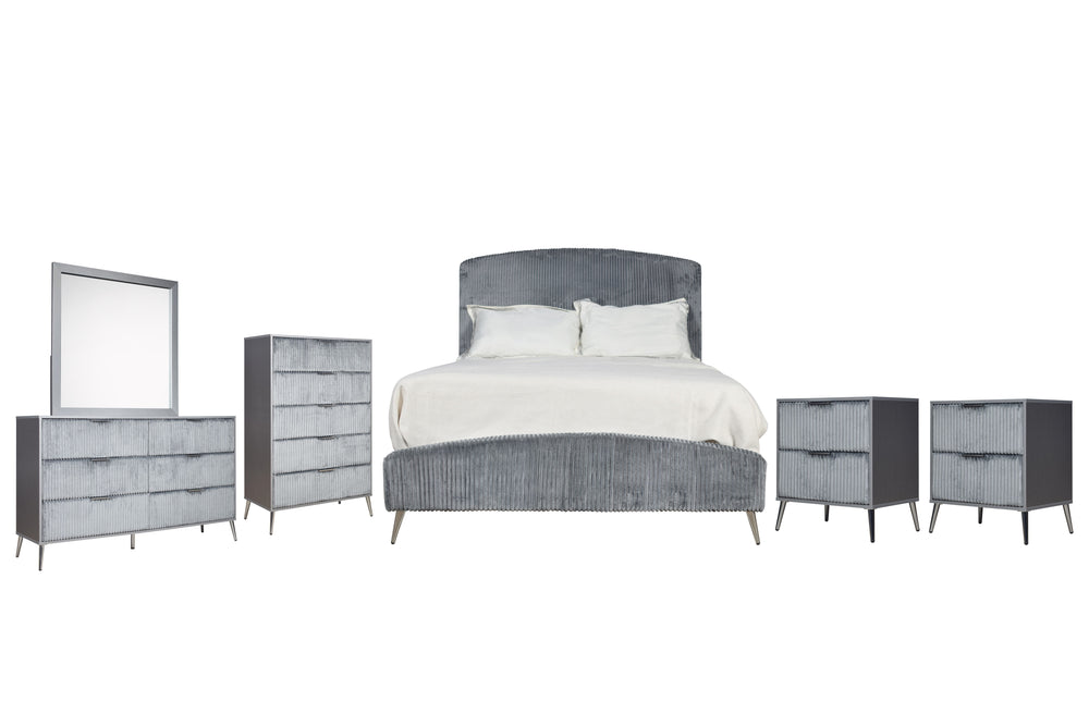 The Kailani 6 Piece Bedroom Set in Gray combines modern elegance, luxurious comfort, and practical functionality, creating the ultimate solution for a stylish and serene bedroom retreat. This set includes an upholstered panel bed, dresser, mirror, chest, 